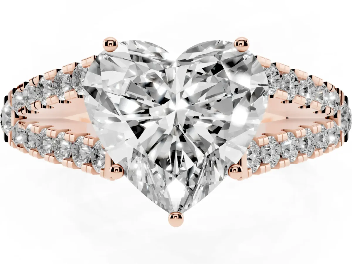 Heart Cut Diamond Split Shank Engagement Ring with Round Pavé and Prong Setting Rose gold