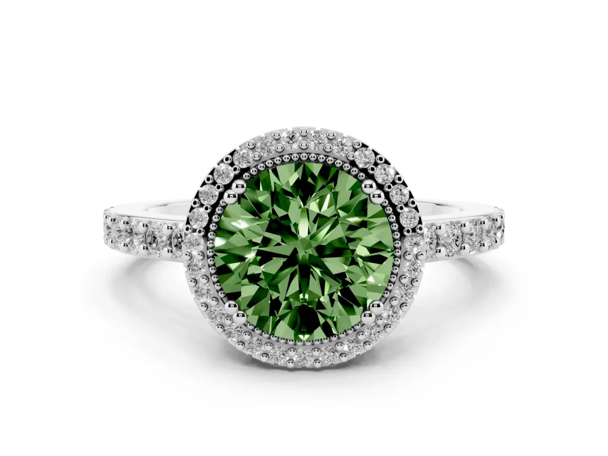 Fancy Green Round Cut Cut Diamond Halo Engagement Ring with Milgrain Detail and Pavé Band Platinum