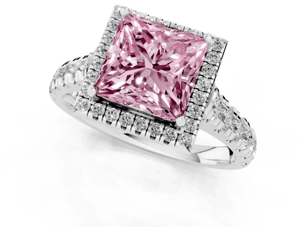 Fancy Pink Princess Cut Halo Pavé Diamond Engagement Ring with Four-Prong Setting Silver