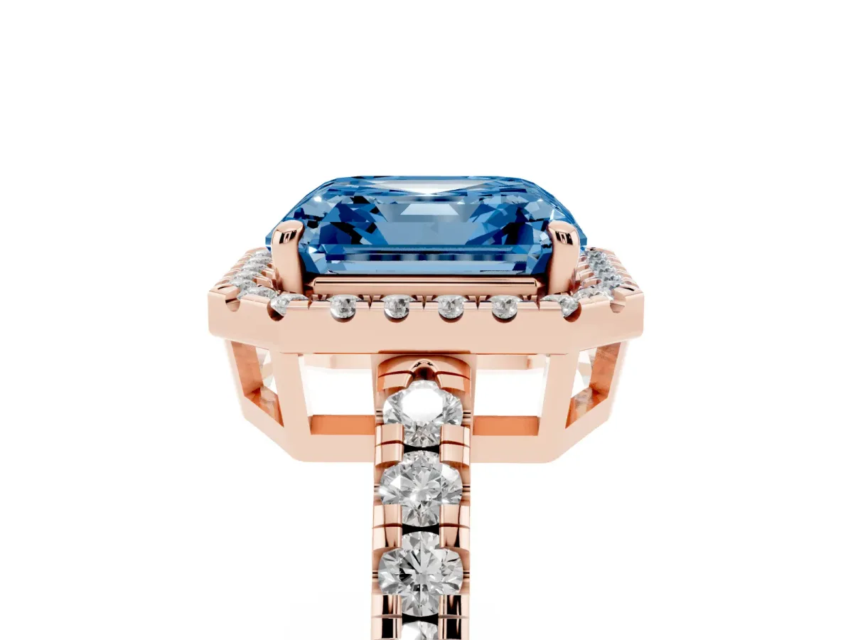 Fancy Blue Asscher Cut Diamond Halo Ring with Pavé Band and Four-Prong Setting Rose gold