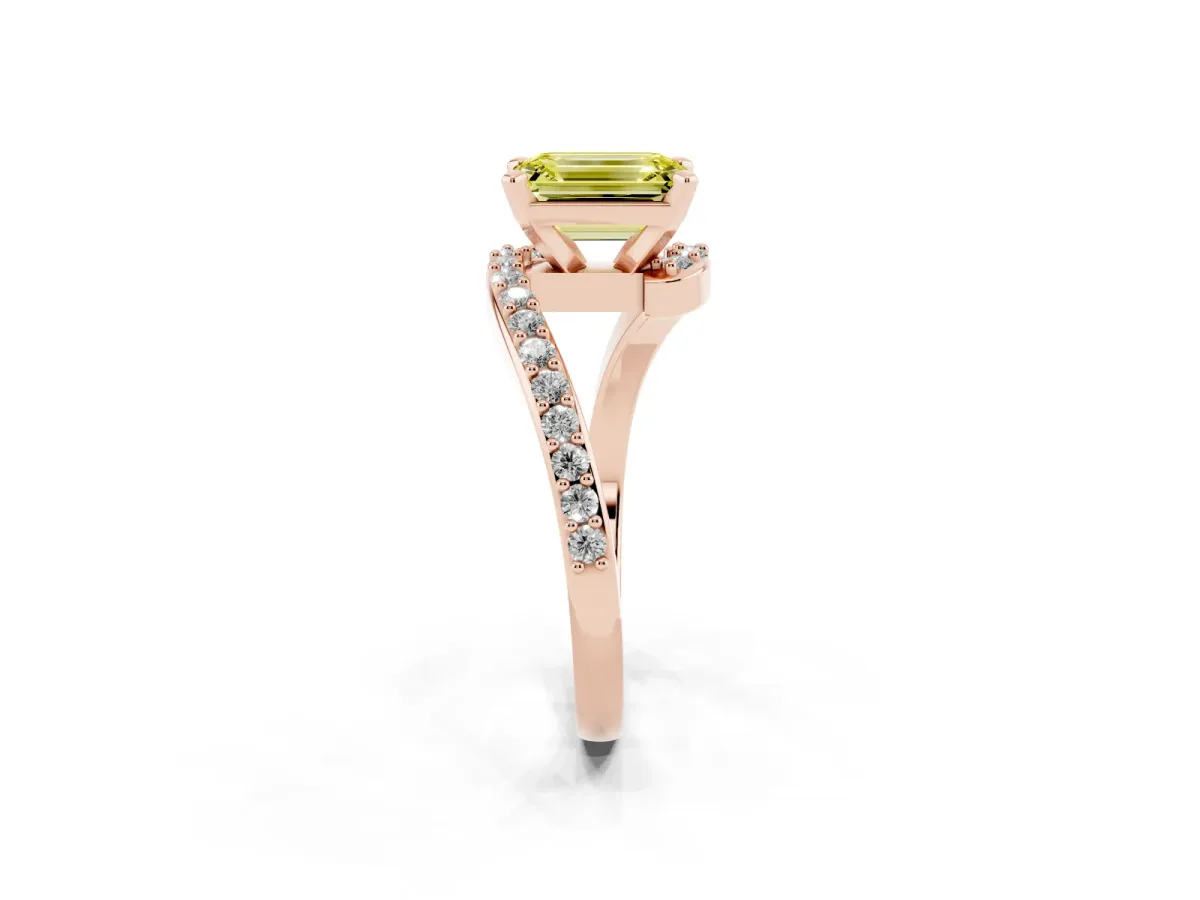 Fancy Yellow Emerald Cut Solitaire Twist Band with Pave Set Diamonds and Four-Prong Setting Rose gold