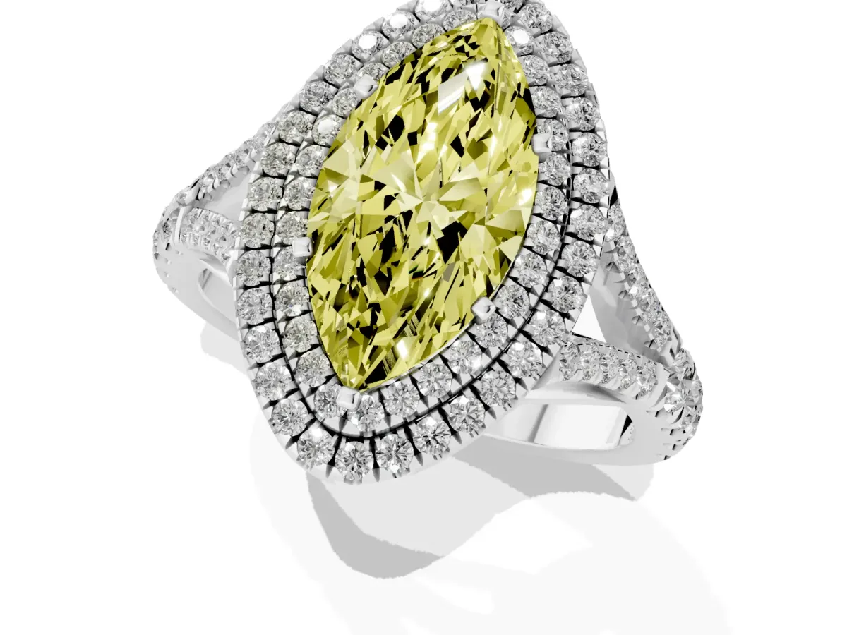Fancy Yellow Marquise Cut Cut Double Halo Split Shank Diamond Ring with Prong Setting Silver