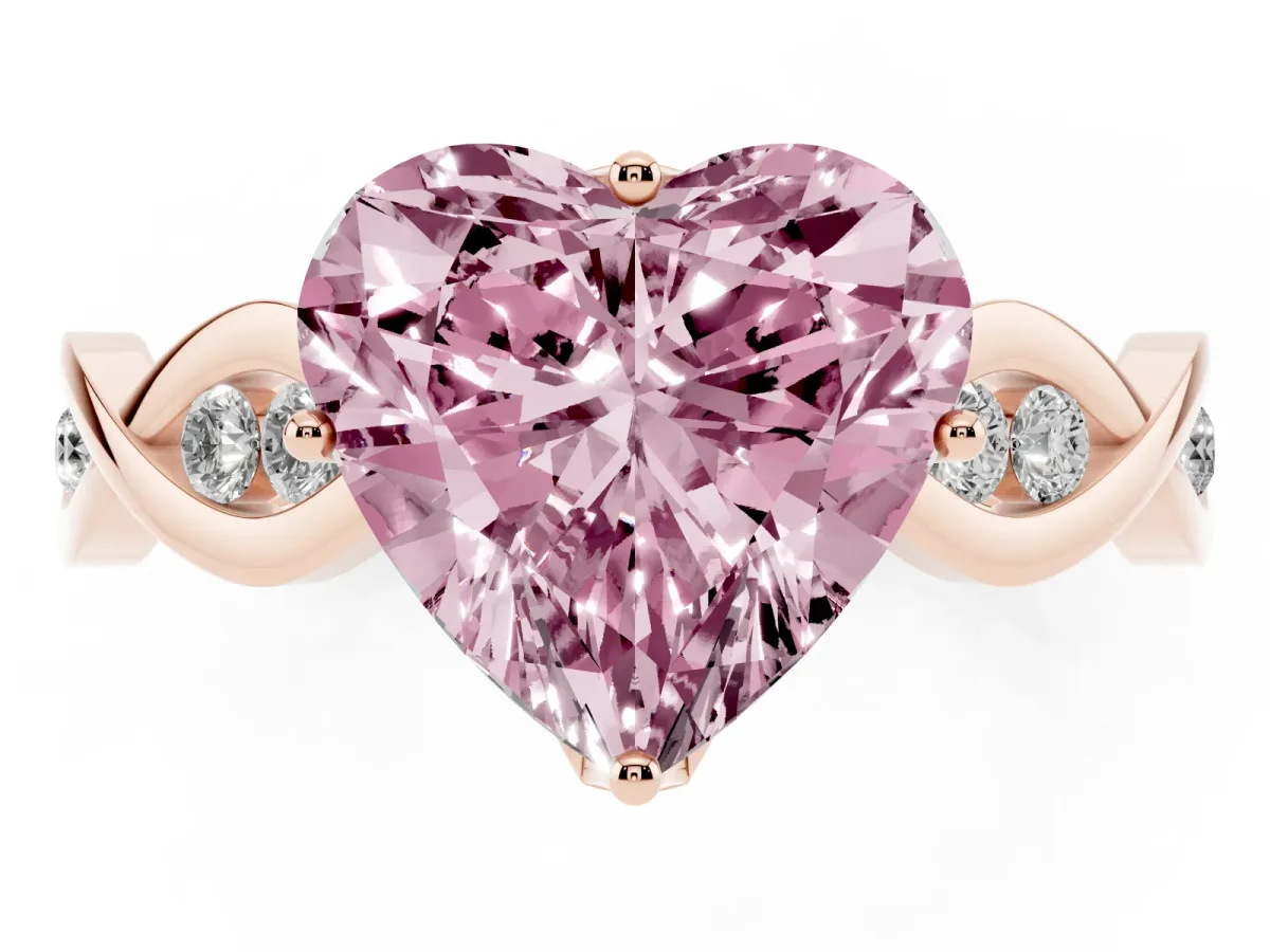 Fancy Pink Heart Cut Solitaire Twist Band with Leaf Prong Setting Rose gold