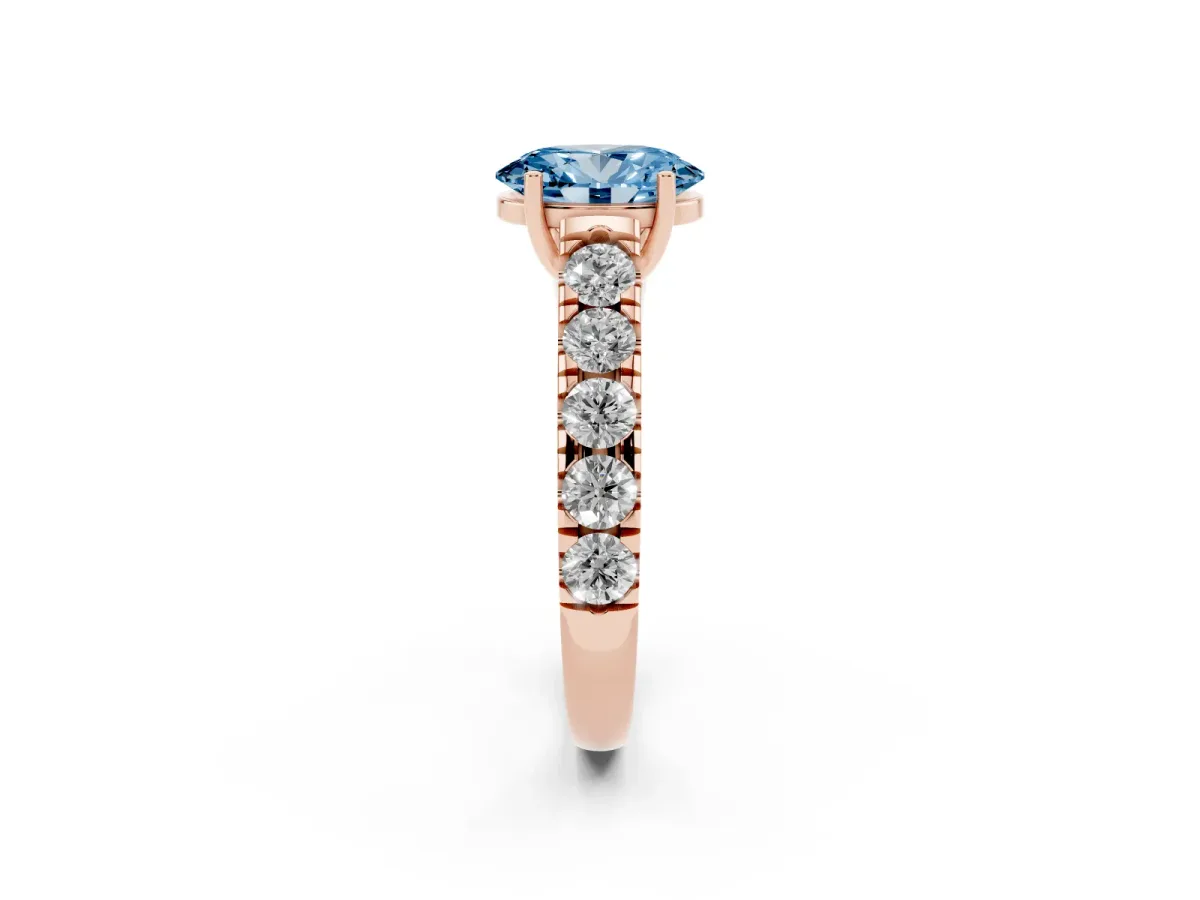 Fancy Blue Oval Cut Cut Diamond Solitaire Ring with Micro Pave Band and Prong Setting Rose gold