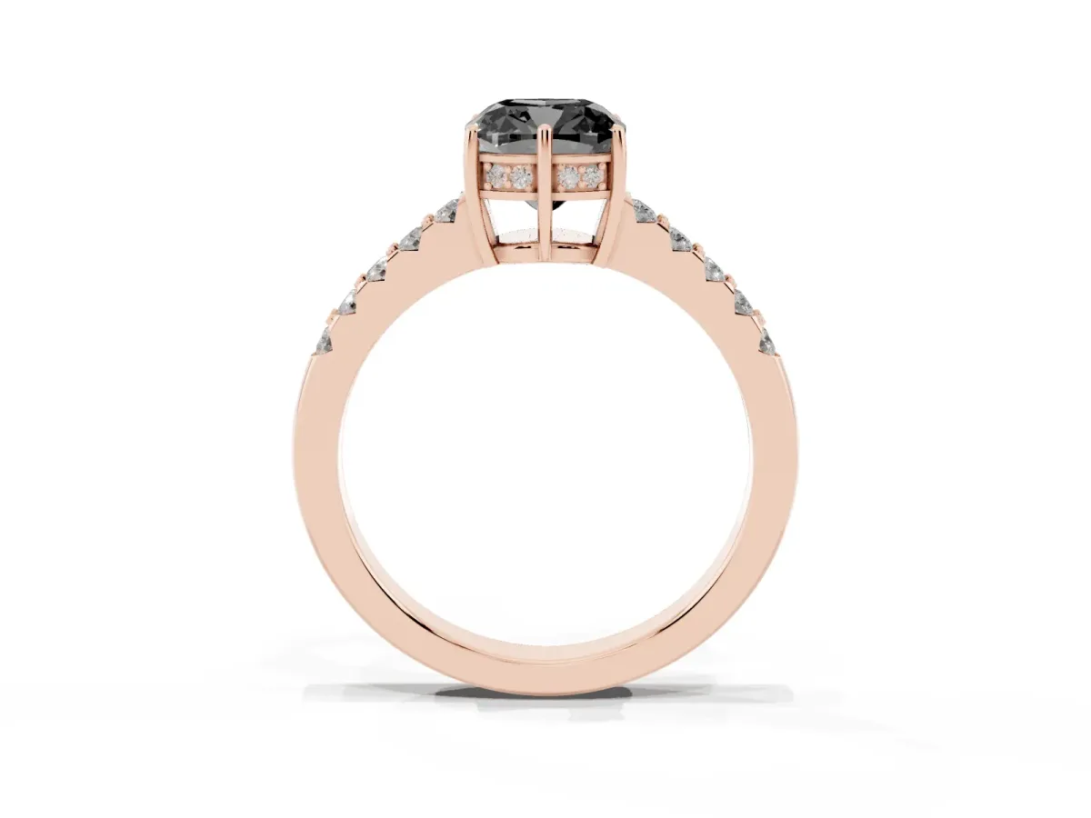 Fancy Black Cushion Cut Solitaire Diamond Engagement Ring with Pavé Band and Six-Prong Setting Rose gold