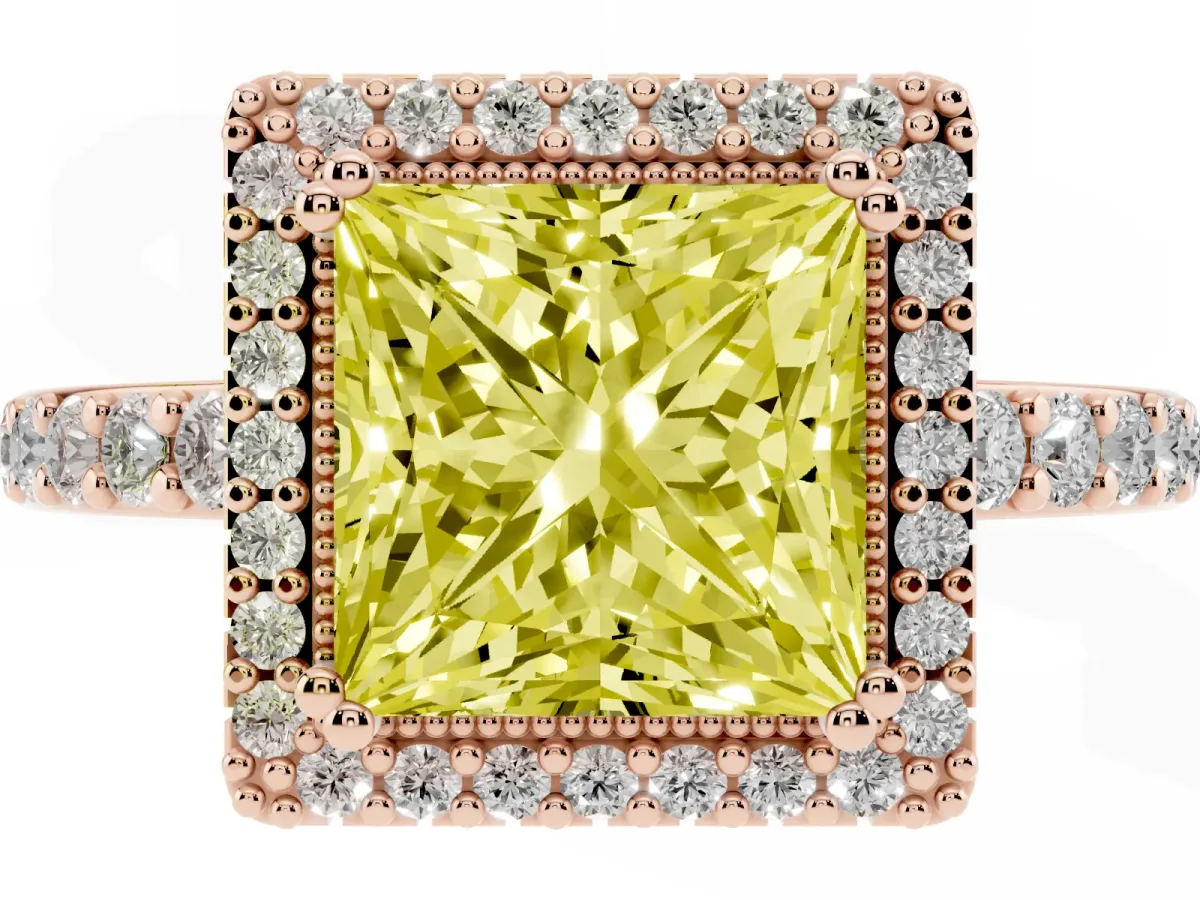 Fancy Yellow Princess Cut Cut Diamond Halo Engagement Ring with Milgrain Detail and Pavé Band Rose gold