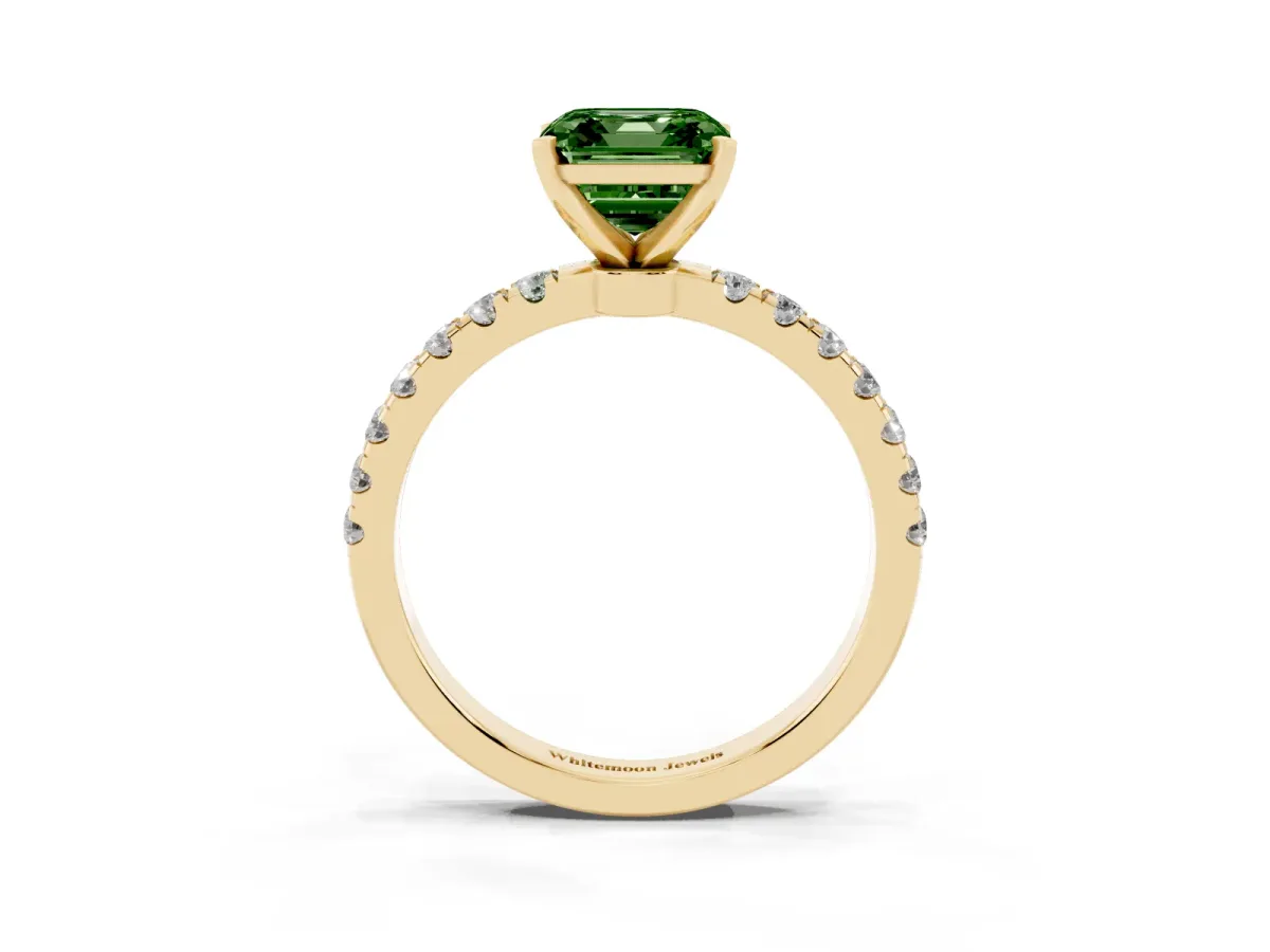 Fancy Green Asscher Cut Diamond Solitaire Ring with Pavé Accents and Four-Prong Setting Yellow gold