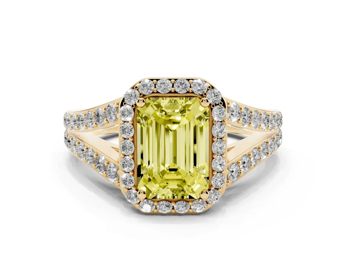 Fancy Yellow Emerald Cut Diamond Split Shank Halo Ring with Four-Prong Setting Yellow gold