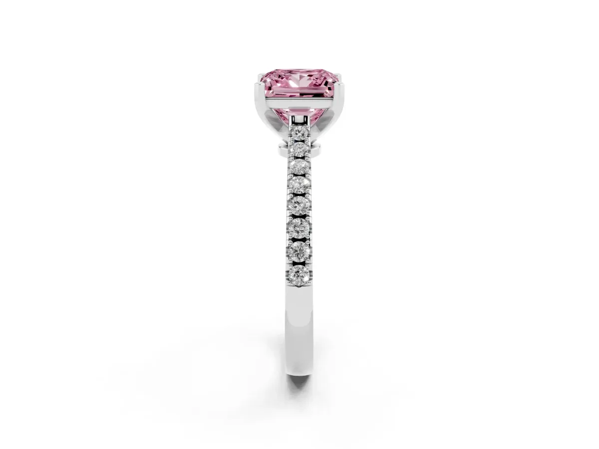 Fancy Pink Princess Cut Cut Solitaire Diamond Engagement Ring with Pave Band and Four-Prong Setting White gold