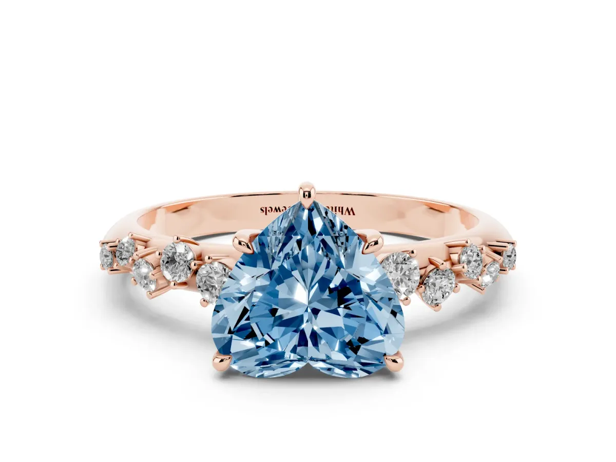 Fancy Blue Heart Cut Diamond Cluster Side Stone Solitaire Ring with Prong Setting Rose gold