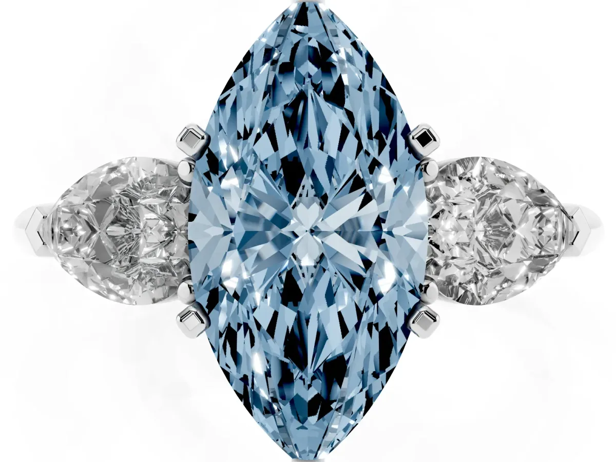Fancy Blue Three-Stone Marquise Cut Diamond Ring with Pear Side Stones and Four-Prong Setting Silver