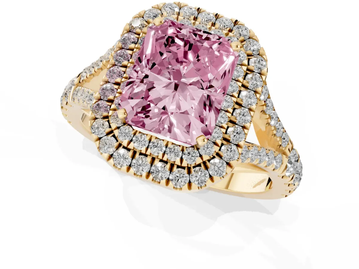 Fancy Pink Double Halo Radiant Cut Diamond Split Shank Engagement Ring with Four-Prong Setting Yellow gold