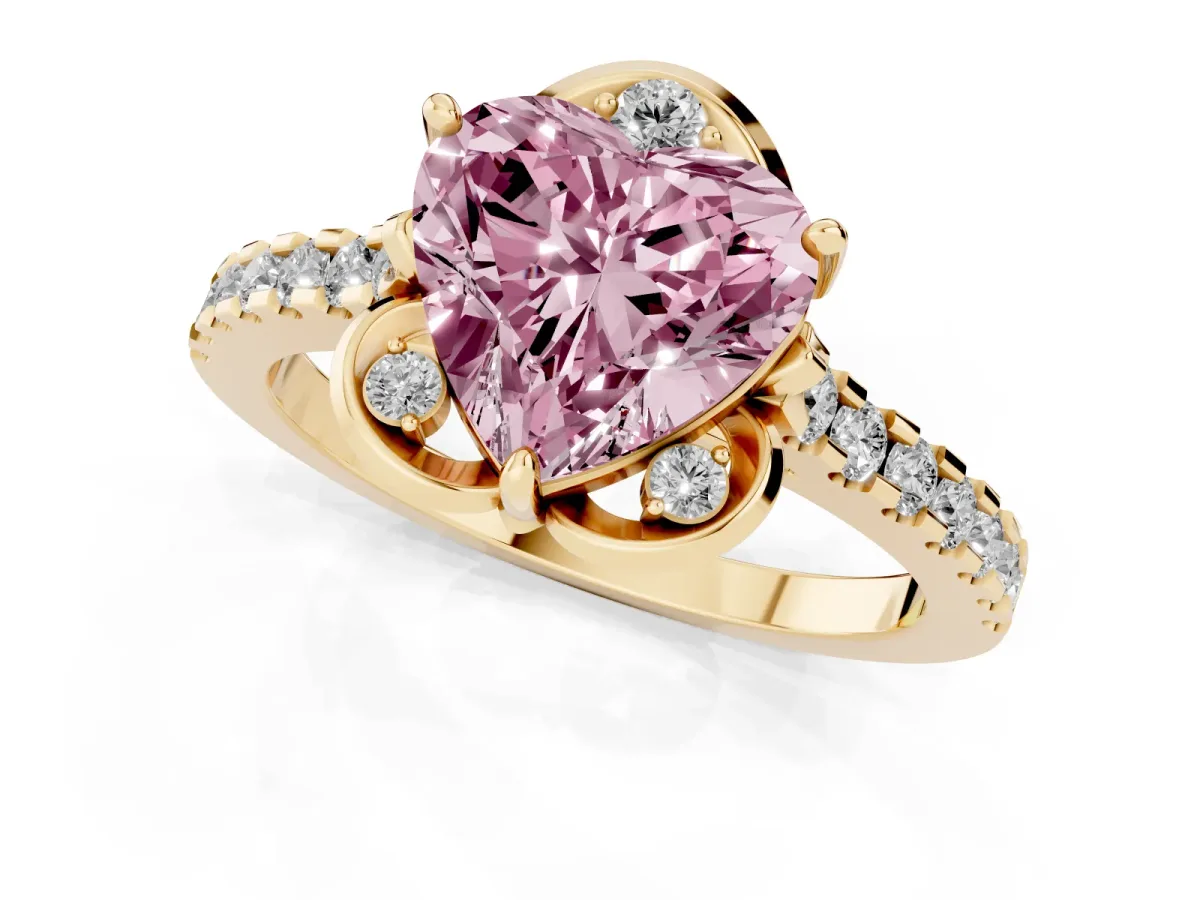 Fancy Pink Heart Cut Diamond Ring with Pavé Band and Floral Prong Setting Yellow gold