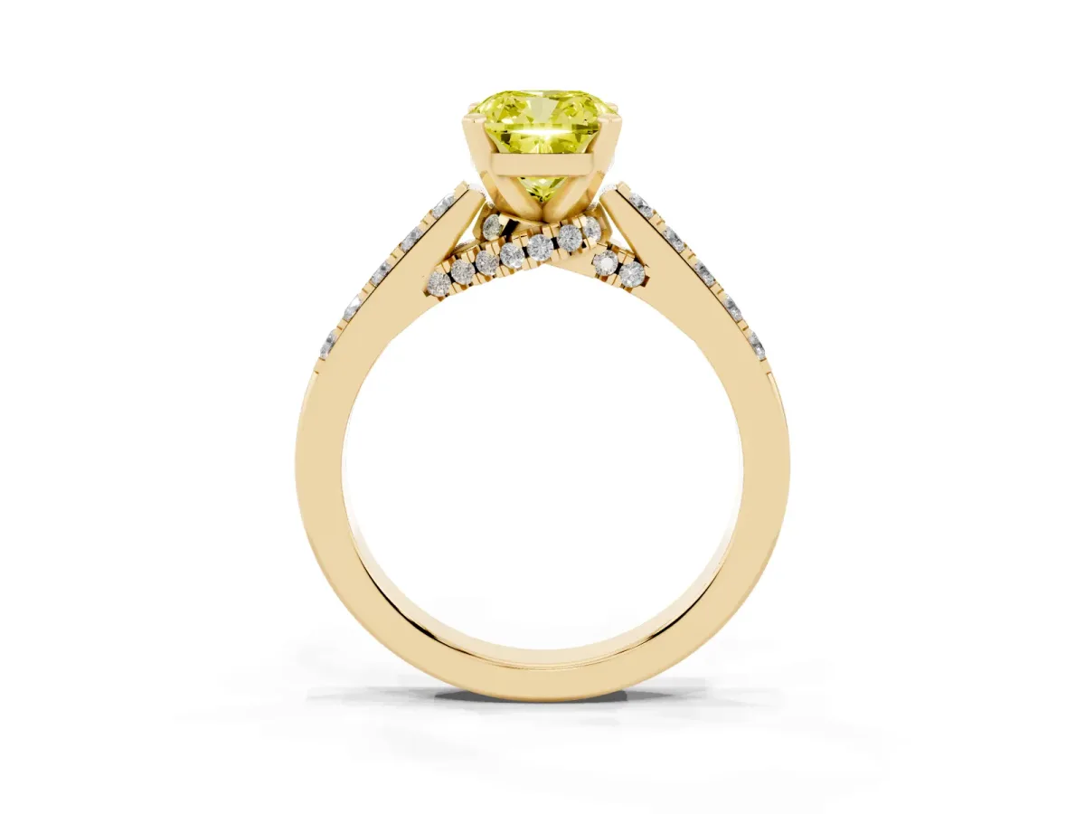 Fancy Yellow Cushion Cut Diamond Solitaire Ring with Crossover Gallery and Round Pavé Band Yellow gold