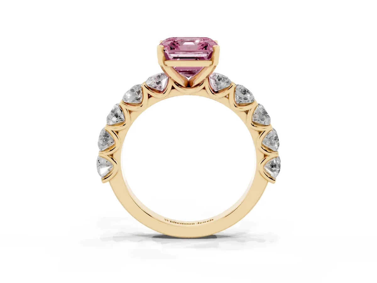 Fancy Pink Asscher Cut Diamond Prong Setting with Side Stones on a Pave Band Yellow gold