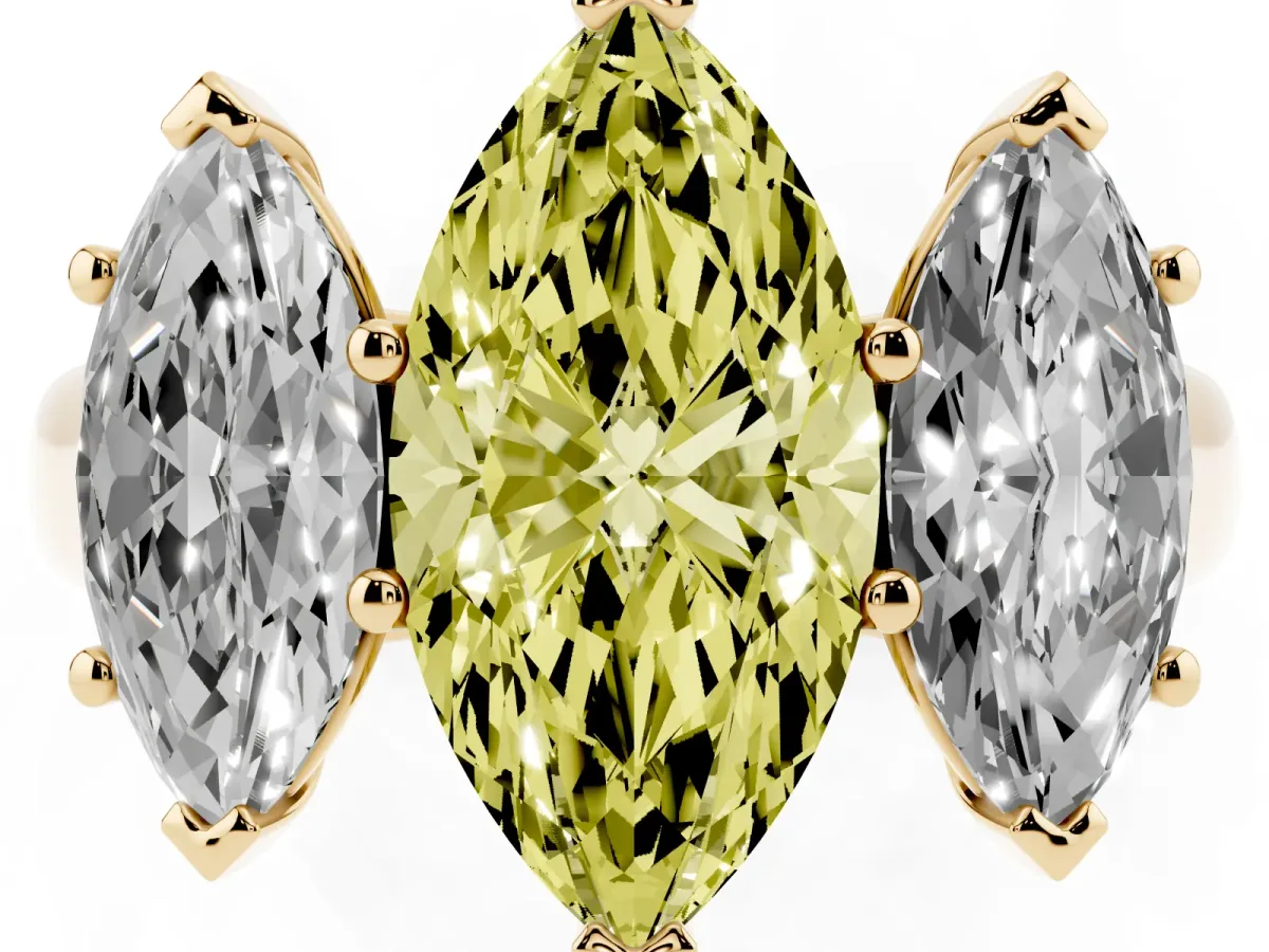 Fancy Yellow Marquise Cut Three-Stone Diamond Ring with Prong Setting on a Classic Band Yellow gold