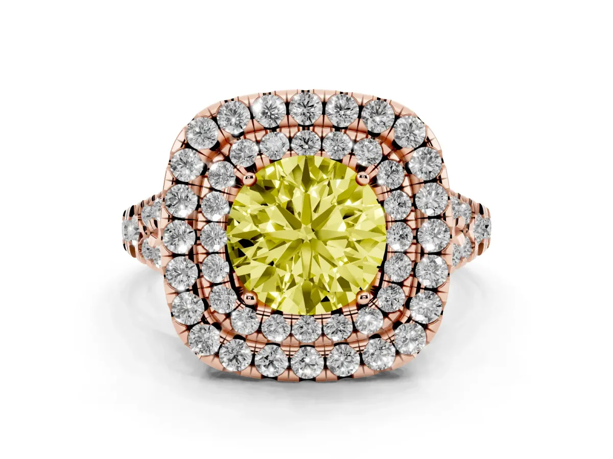 Fancy Yellow Double Halo Round Cut Diamond Pavé Split Shank Ring with Prong Setting Rose gold