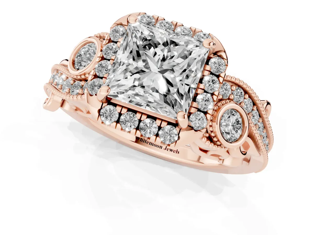 Princess Cut Diamond Halo Ring with Milgrain Pavé Band and Four-Prong Setting Rose gold
