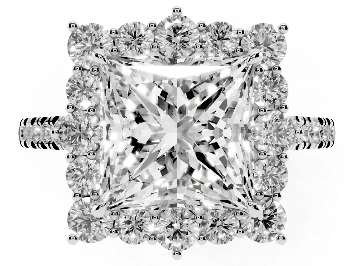 Princess Cut Halo Diamond Ring with Pavé Band and Prong Setting Silver