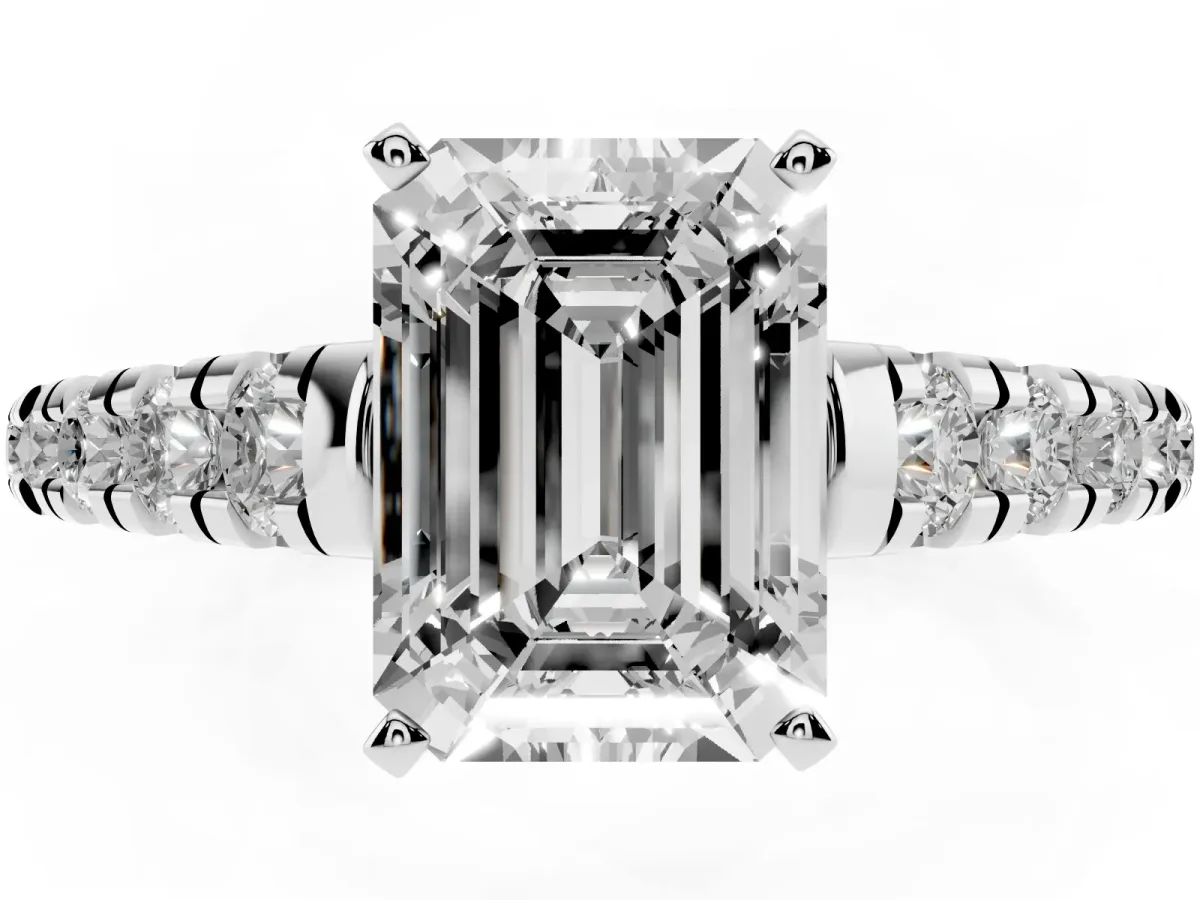 Emerald Cut Diamond Cathedral Solitaire Ring with Round Pavé Band Silver