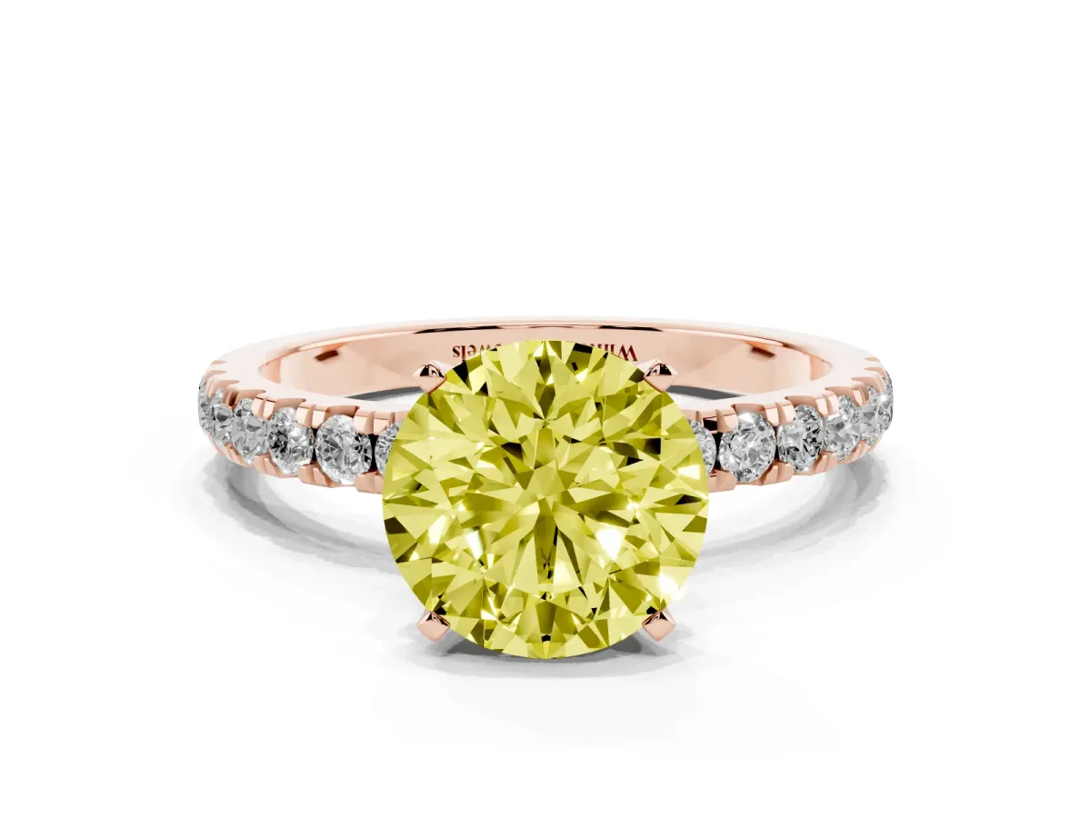 Fancy Yellow Round Cut Diamond Solitaire Ring with Pavé Accents and Four-Prong Setting Rose gold