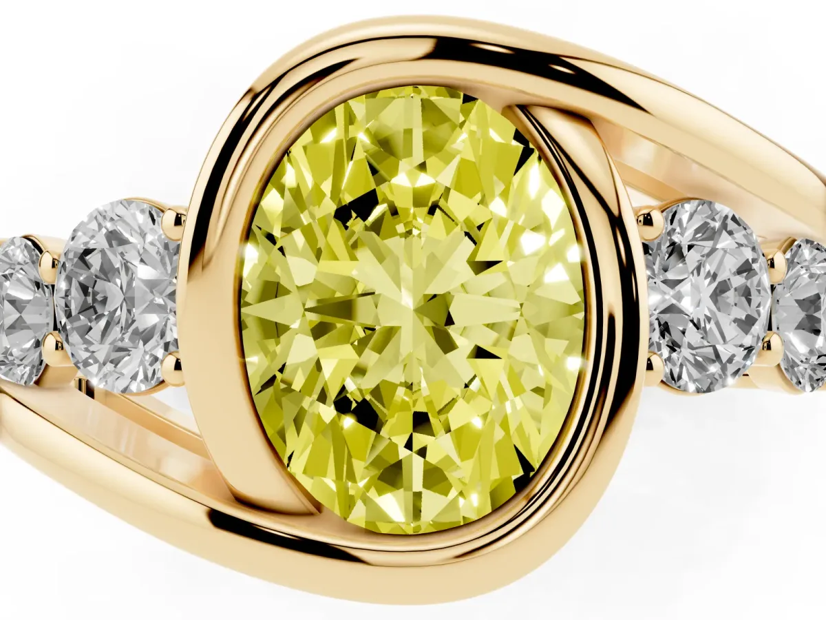 Fancy Yellow Bezel Set Oval Cut Diamond Bypass Ring with Round Accents Yellow gold