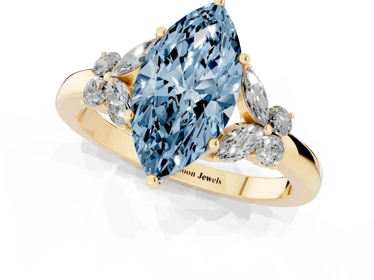 Fancy Blue Marquise Cut Cut Solitaire Floral Diamond Ring with Four-Prong Setting Yellow gold
