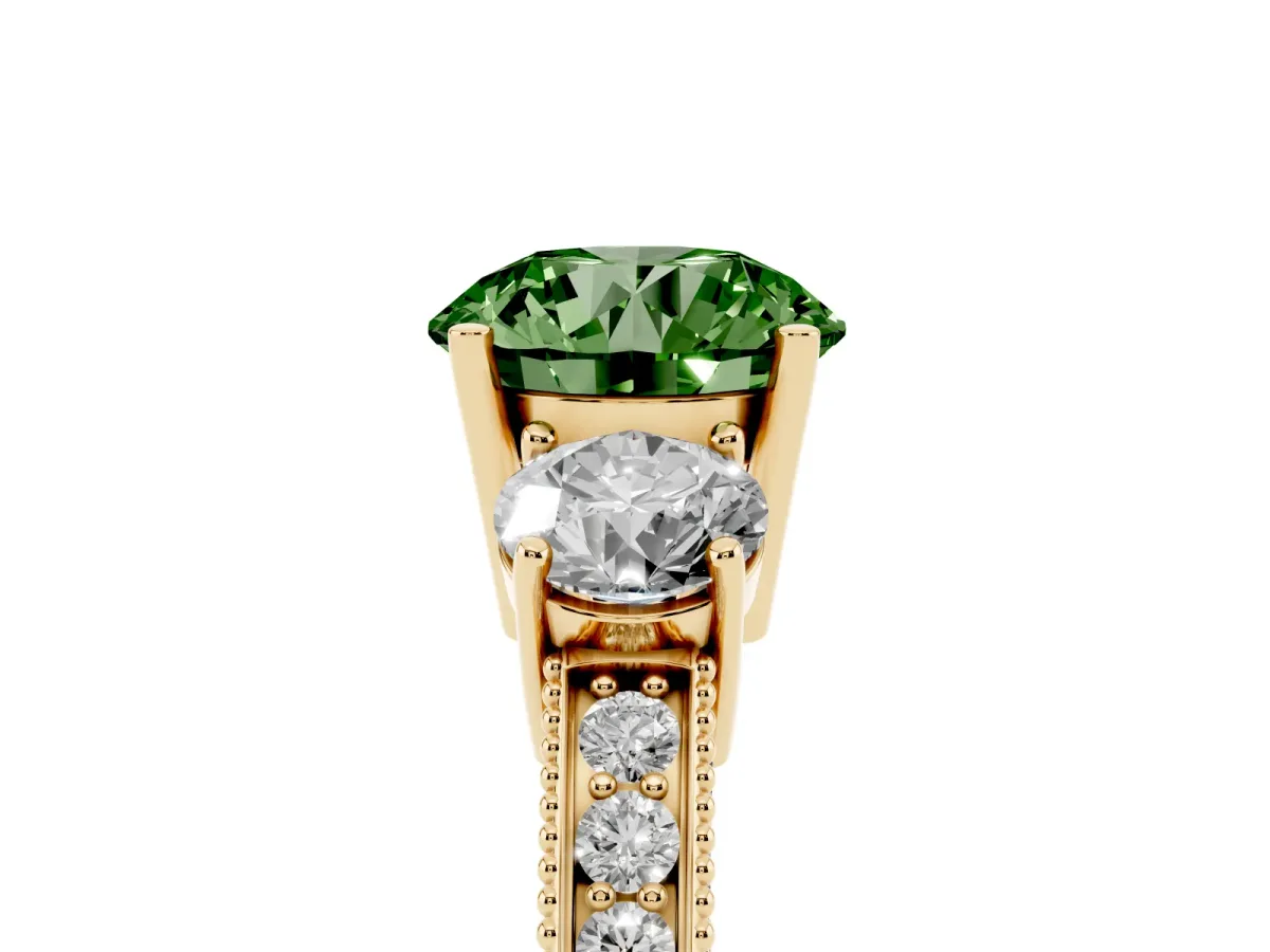 Fancy Green Round Cut Three-Stone Diamond Ring with Pavé Band and Four-Prong Setting Yellow gold
