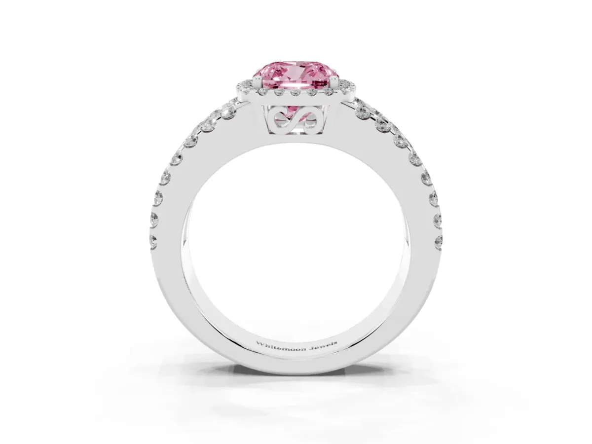 Fancy Pink Cushion Cut Cut Halo Split Shank Diamond Ring with Four-Prong Setting Silver