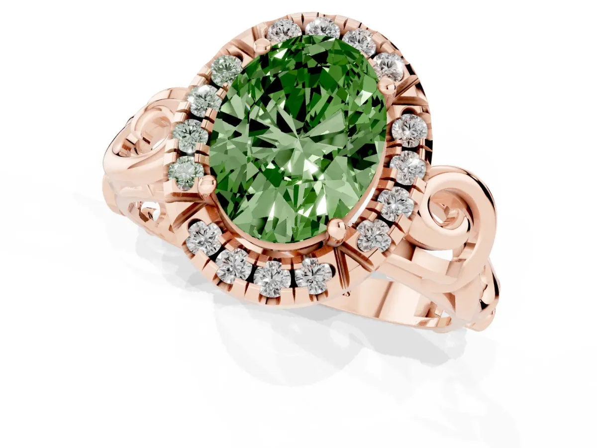 Fancy Green Oval Cut Cut Halo Diamond Ring with Scrollwork Band and Four-Prong Setting Rose gold