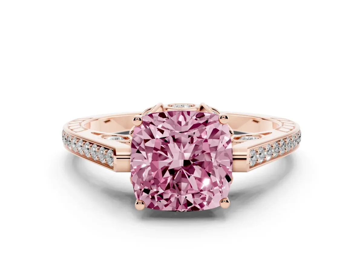 Fancy Pink Cushion Cut Cut Cathedral Pave Diamond Engagement Ring with Six-Prong Setting Rose gold