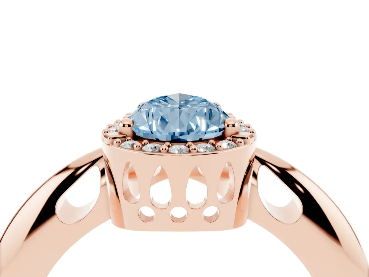 Fancy Blue Pear Cut Cut Diamond Halo Engagement Ring with Split Shank and Four-Prong Setting Rose gold
