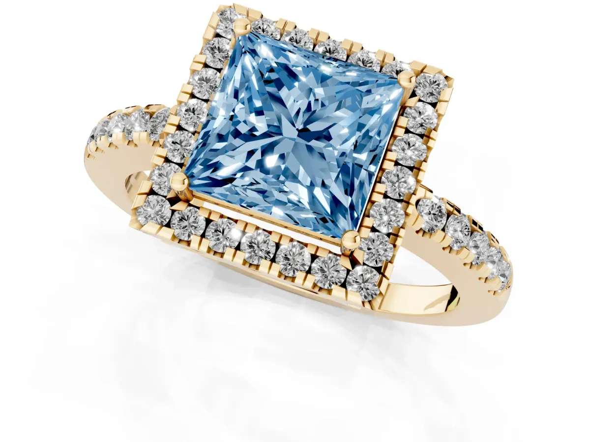 Fancy Blue Princess Cut Halo Diamond Engagement Ring with Pavé Band and Four-Prong Setting Yellow gold