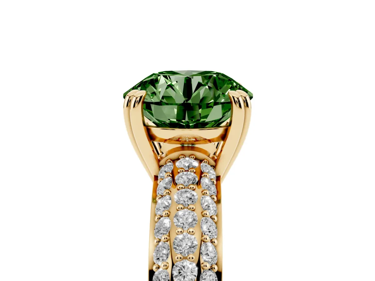 Fancy Green Round Cut Diamond Solitaire Ring with Multi-Row Round Pavé Band and Prong Setting Yellow gold