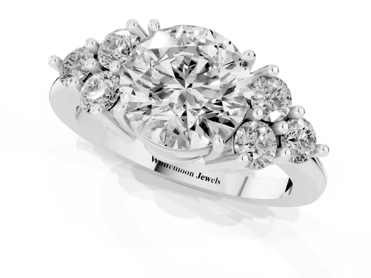 Round Cut Brilliant Diamond Cluster Accent Solitaire Ring with Prong Setting Platinum