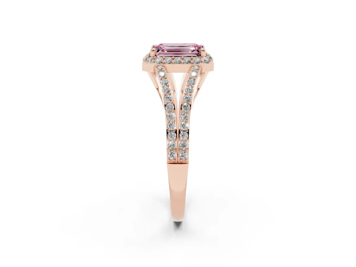 Fancy Pink Emerald Cut Halo Split Shank Diamond Ring with Prong Setting Rose gold