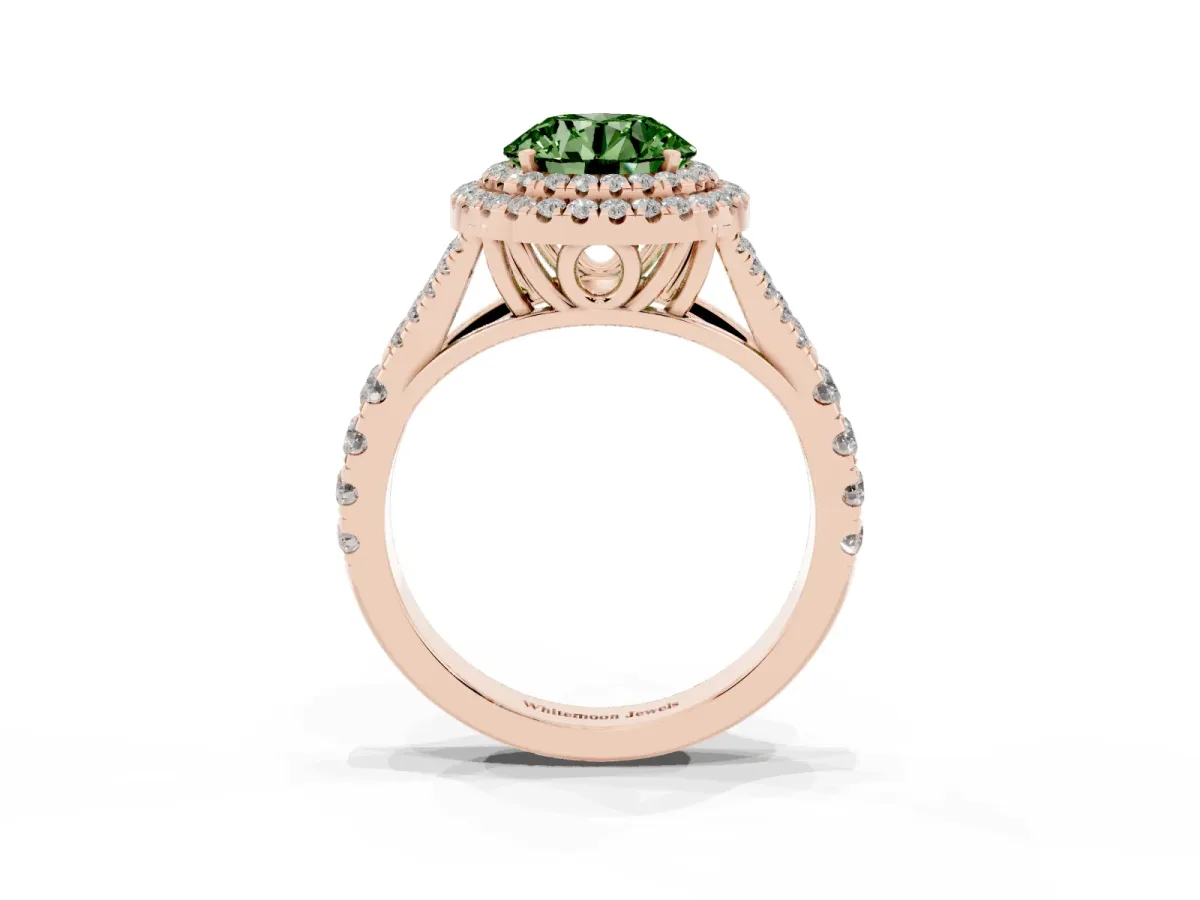Fancy Green Double Halo Round Cut Diamond Split Shank Engagement Ring with Four-Prong Setting Rose gold