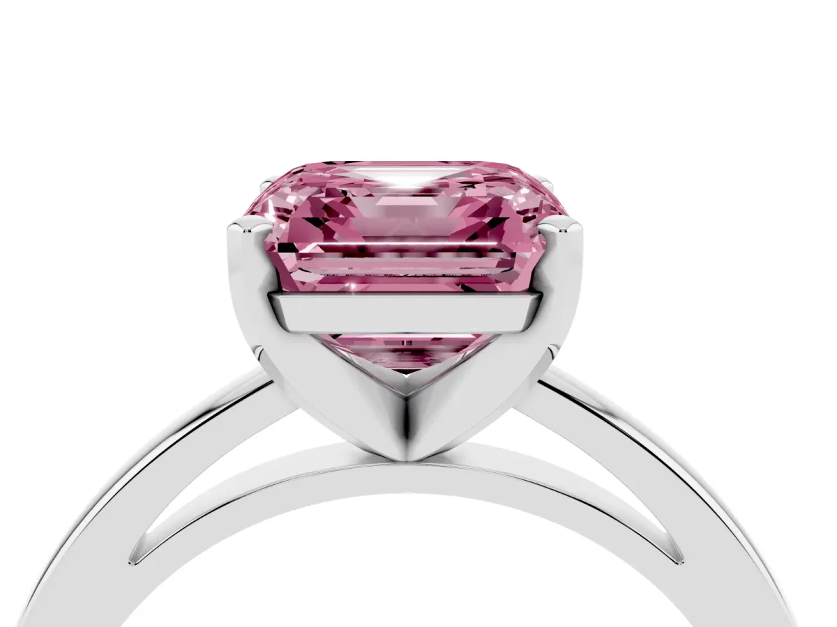 Fancy Pink Asscher Cut Solitaire Diamond Engagement Ring with Four-Prong Setting on a Classic Band Platinum