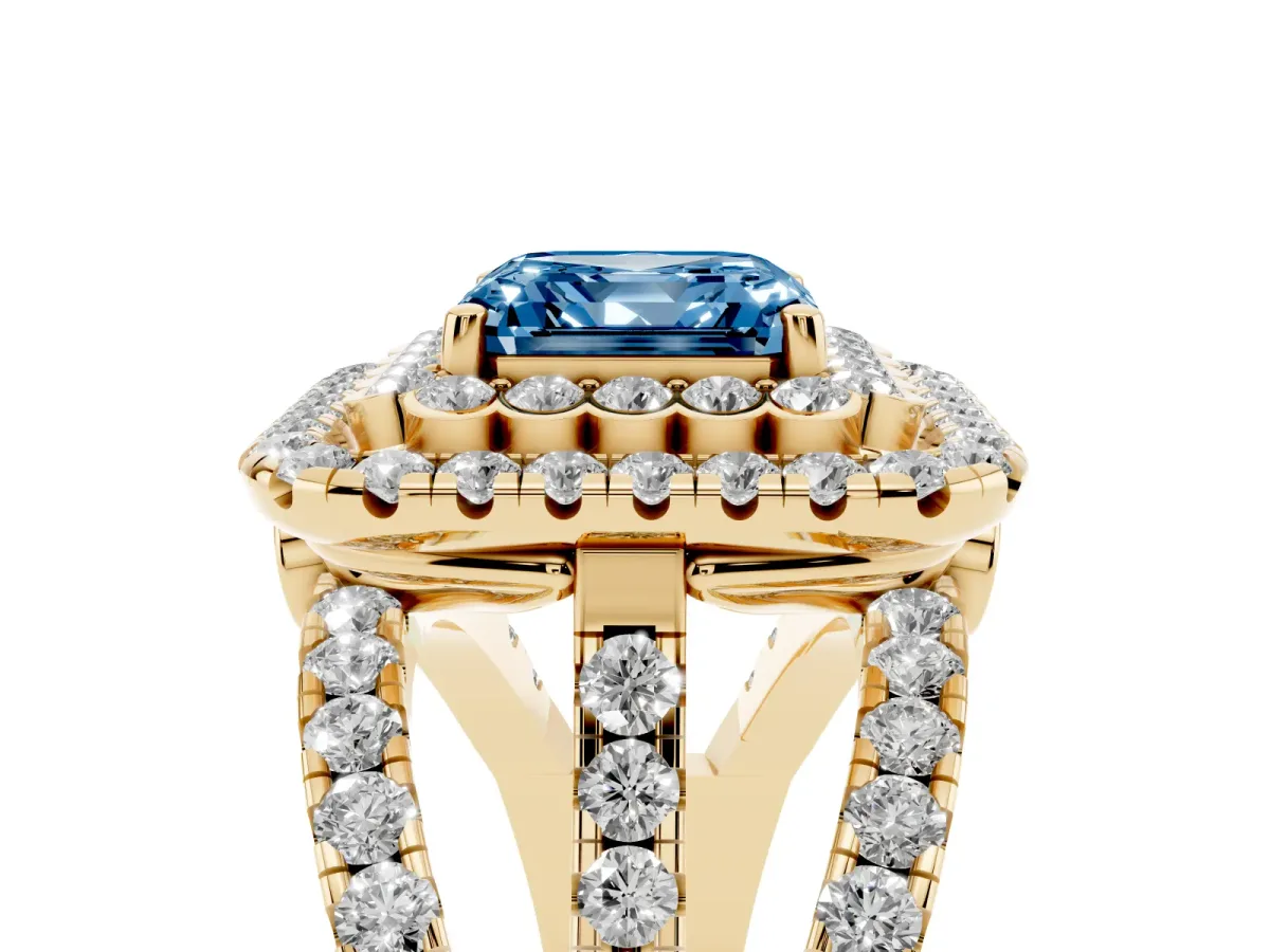 Fancy Blue Asscher Cut Diamond Double Halo Ring with Round Pavé Split Shank and Prong Setting Yellow gold