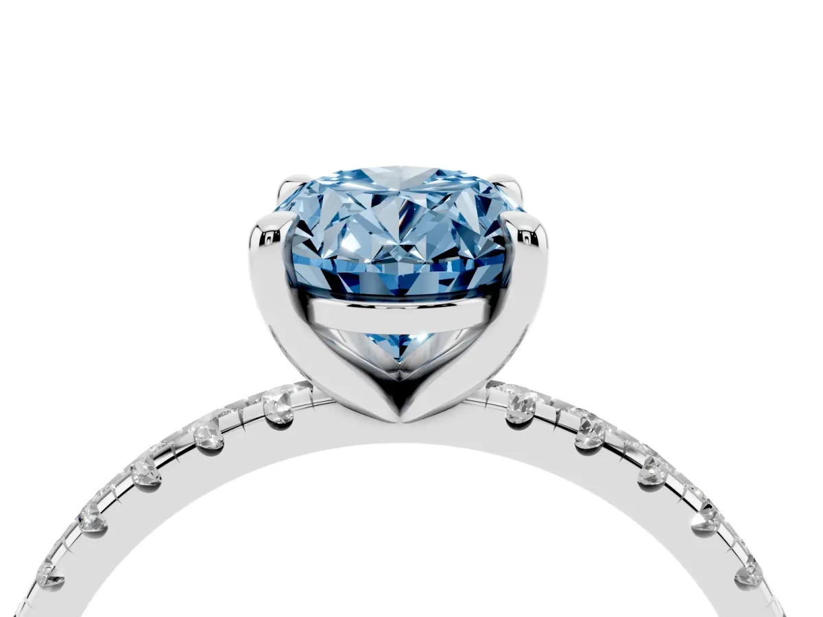 Fancy Blue Oval Cut Diamond Brilliant Solitaire Ring with Pavé Band and Four-Prong Setting Platinum