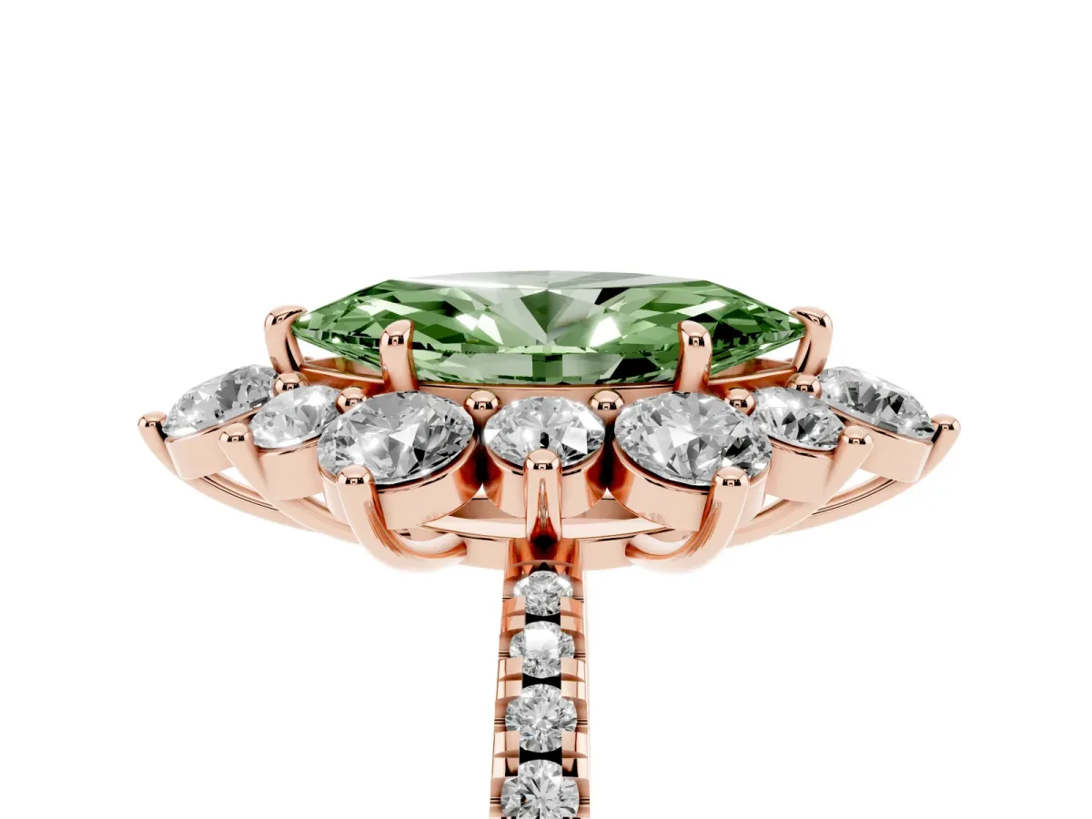 Fancy Green Marquise Cut Diamond Floral Halo Ring with Round Pavé Band and Prong Setting Rose gold