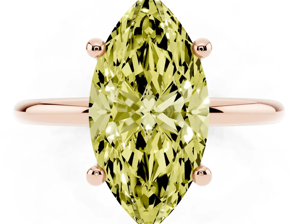 Fancy Yellow Marquise Cut Solitaire Diamond Ring with 4-Prong Setting on a Classic Band Rose gold