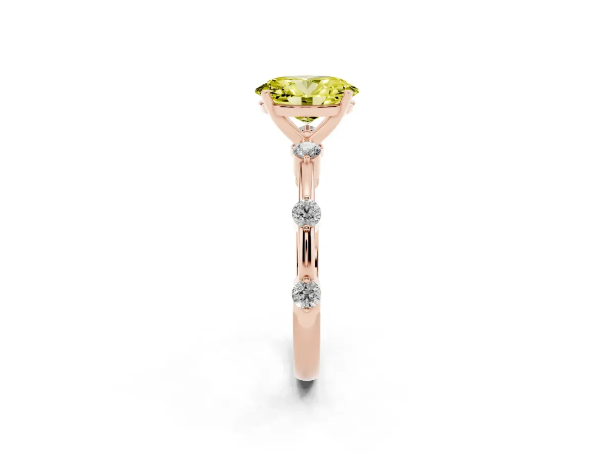 Fancy Yellow Oval Cut Solitaire Diamond Ring with Bezel Set Side Stones and Prong Setting Rose gold