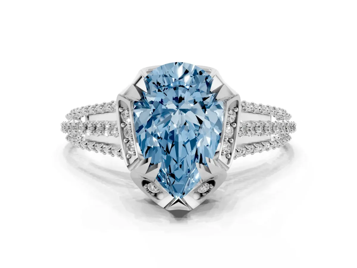 Fancy Blue Pear Cut Solitaire Pave Split Shank Ring with Four-Prong Setting White gold