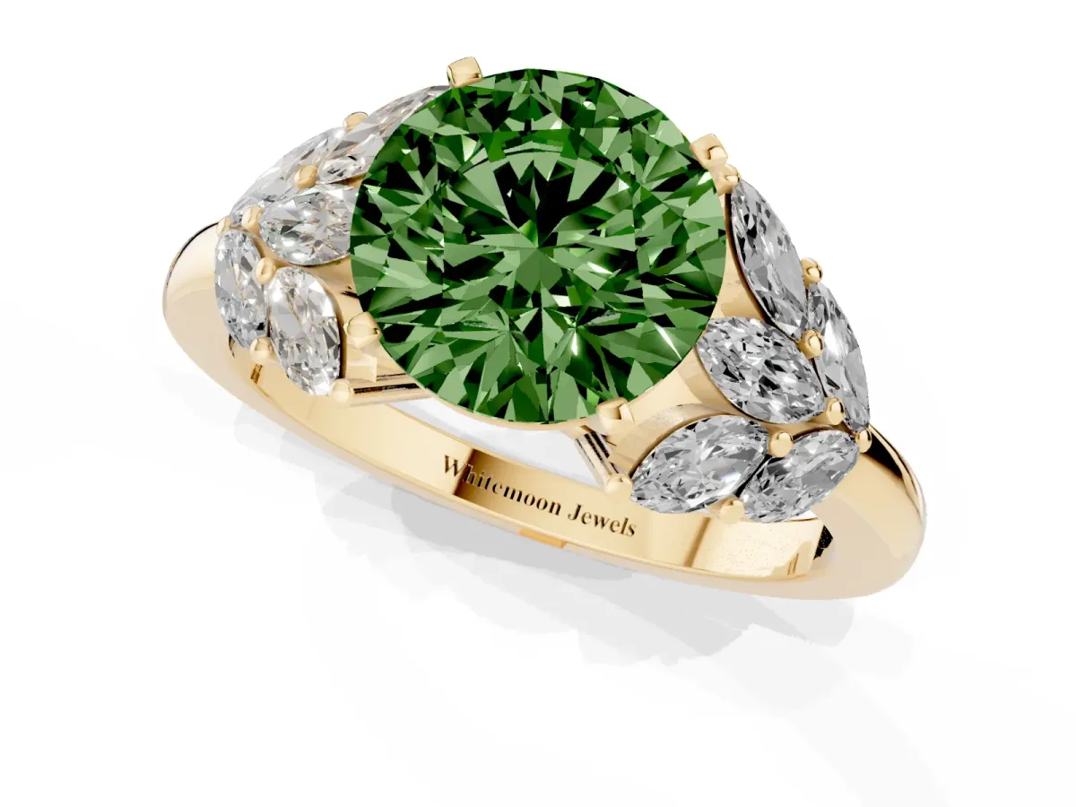 Fancy Green Round Cut Diamond Cluster Leaf Design Ring with Prong Setting Yellow gold