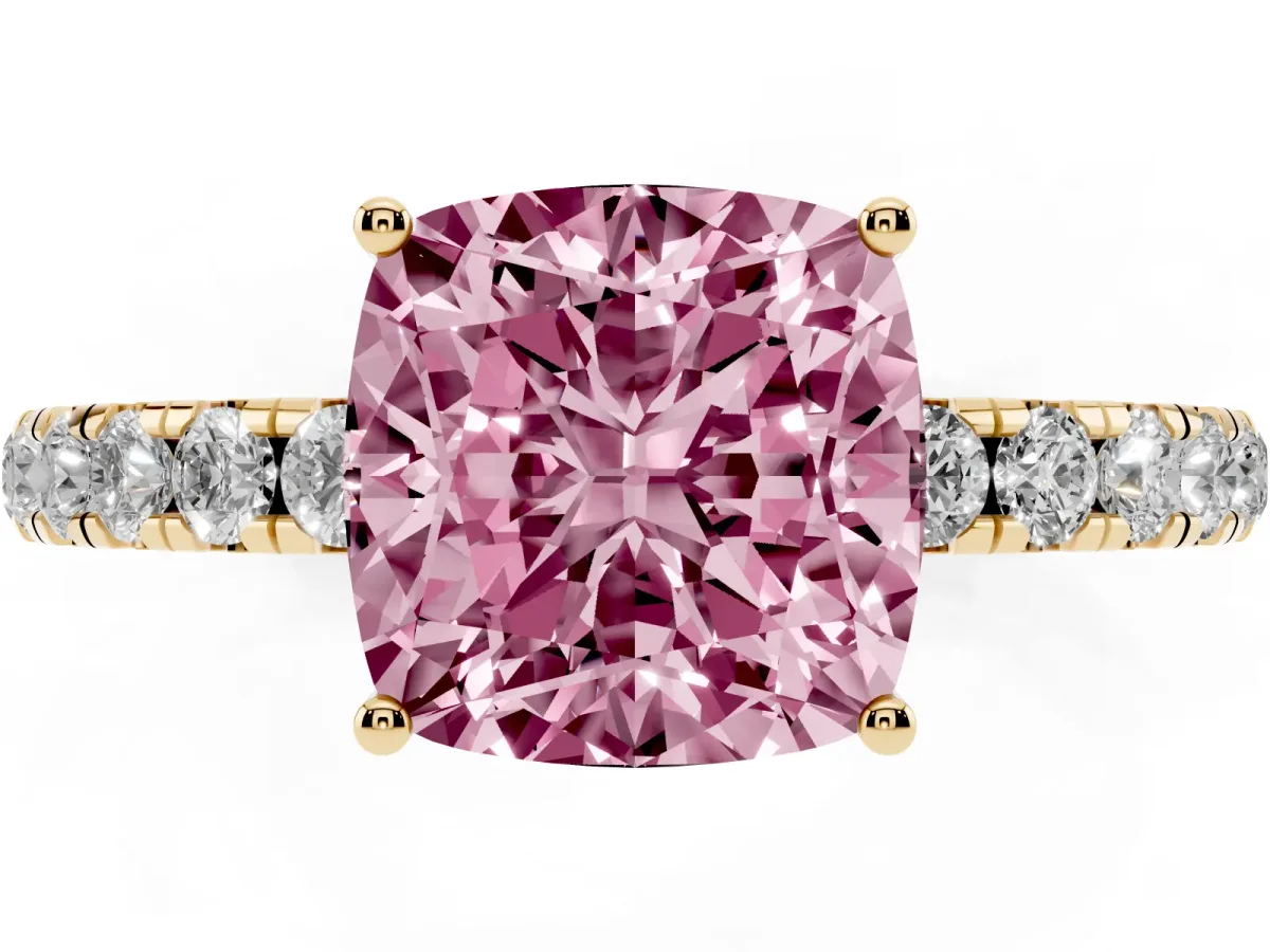Fancy Pink Cushion Cut Diamond Pavé Solitaire Engagement Ring with Four-Prong Setting Yellow gold