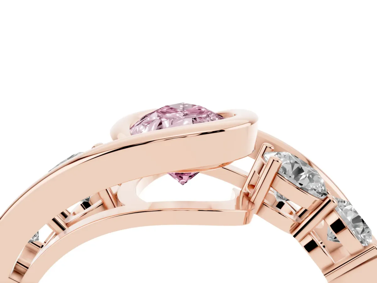 Fancy Pink Bezel Set Pear Cut Diamond Bypass Ring with Round Accents Rose gold