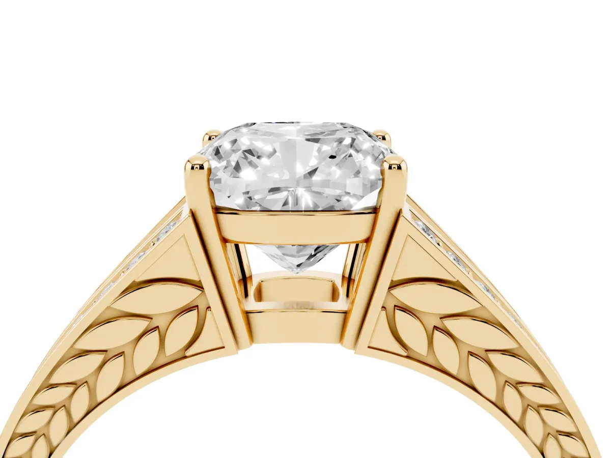 Cushion Cut Diamond Split Shank Ring with Pavé Band and Four-Prong Setting Yellow gold