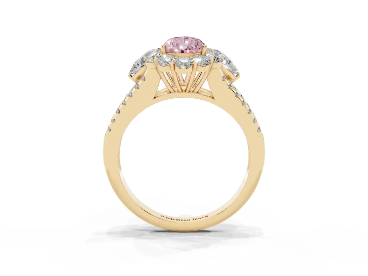 Fancy Pink Pear Cut Halo Split Shank Diamond Engagement Ring with Prong Setting Yellow gold