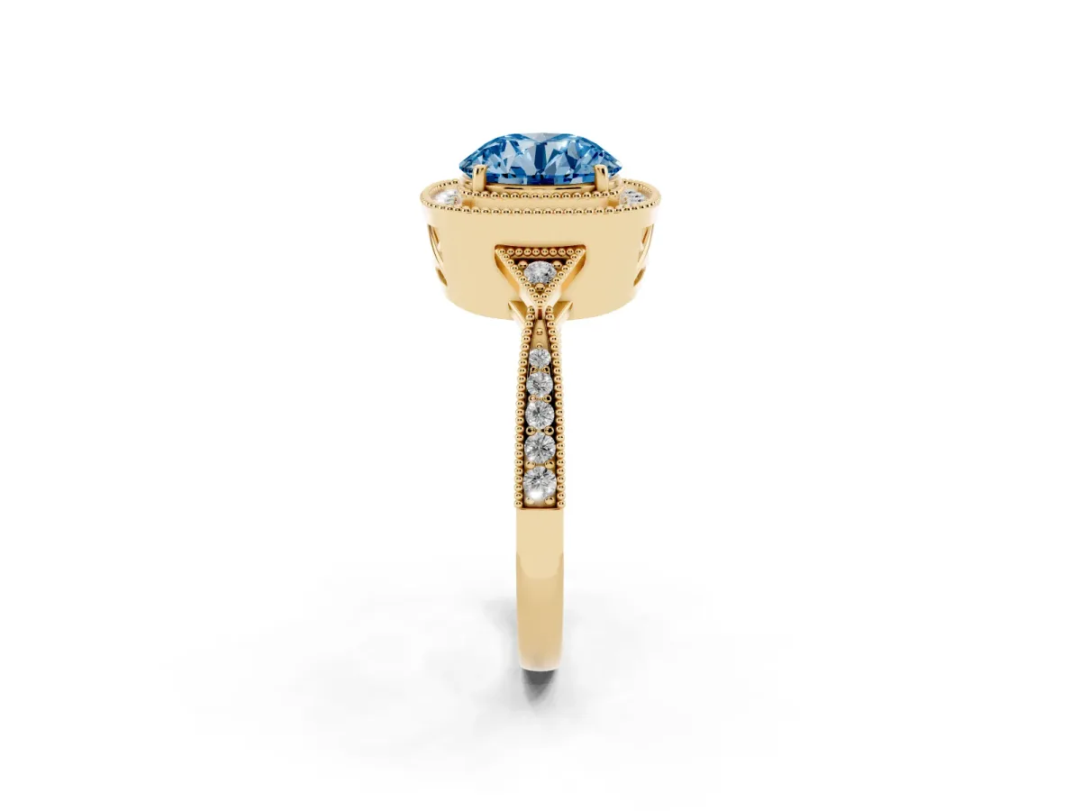 Fancy Blue Round Cut Halo Round Diamond Milgrain Pave Engagement Ring Yellow gold